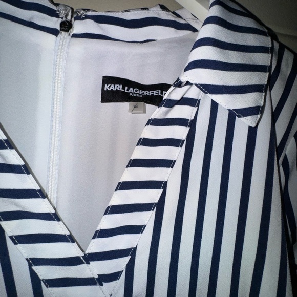 Karl Lagerfeld Blue and White A-Line Midi Dress V-Neck Short Sleeve - Picture 3 of 6